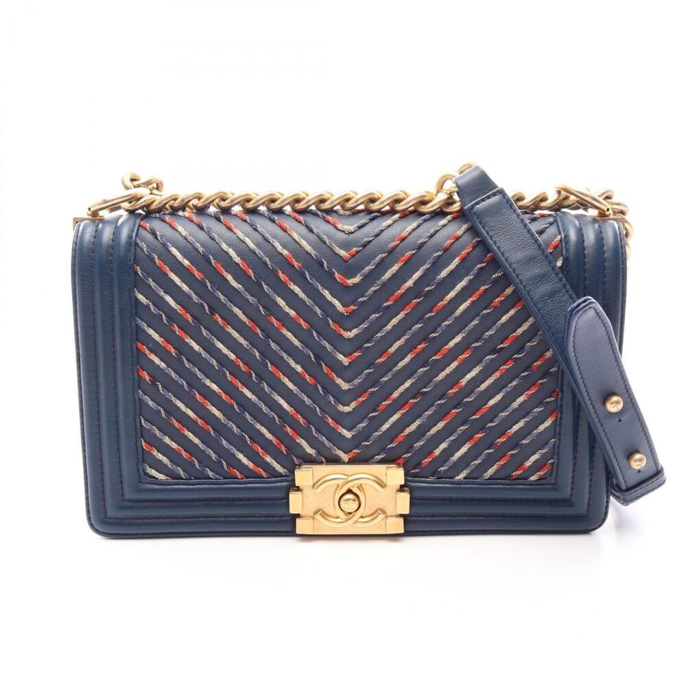 Chanel Boy Chevron V-stitch Shoulder Bag Handbag Leather Women's Blue Multicolor